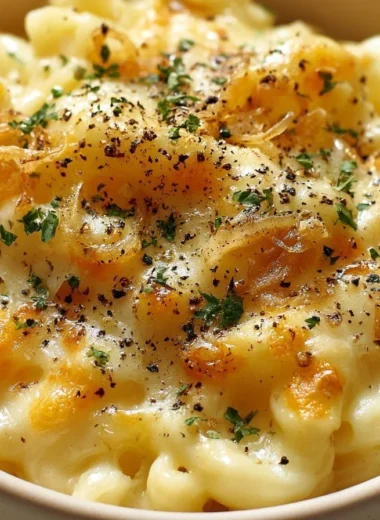 A delicious plate of authentic Käsespätzle, German macaroni and cheese, garnished with herbs.