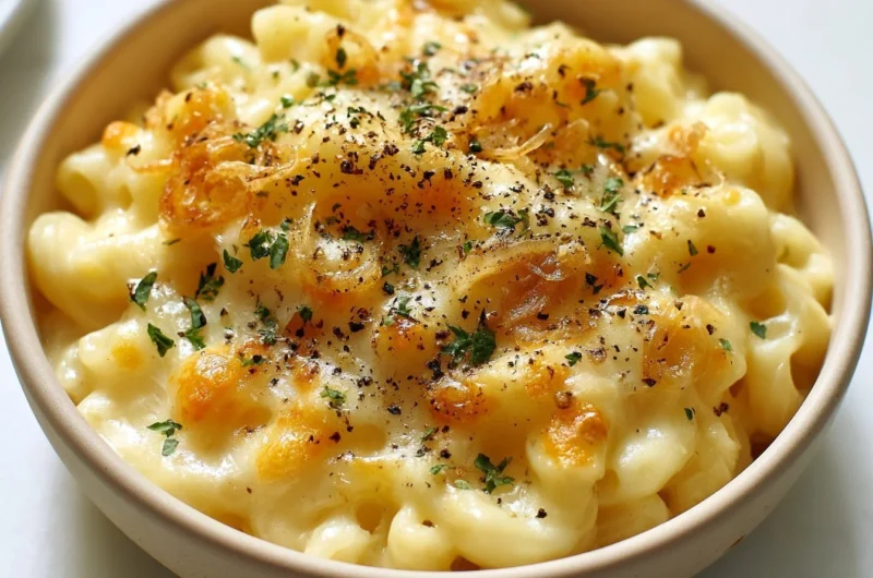 A delicious plate of authentic Käsespätzle, German macaroni and cheese, garnished with herbs.