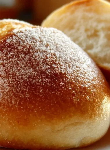 Freshly baked Brötchen bread rolls on a wooden table