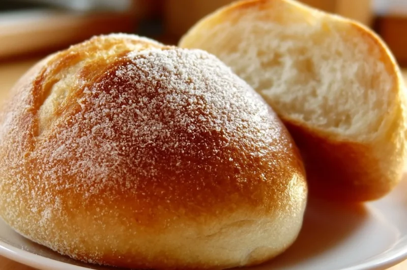 Freshly baked Brötchen bread rolls on a wooden table