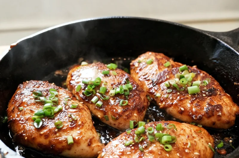 Delicious brown sugar garlic chicken breasts served with vegetables