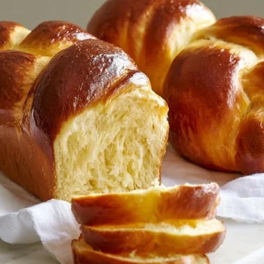 Freshly baked buttery French brioche loaf on a wooden surface
