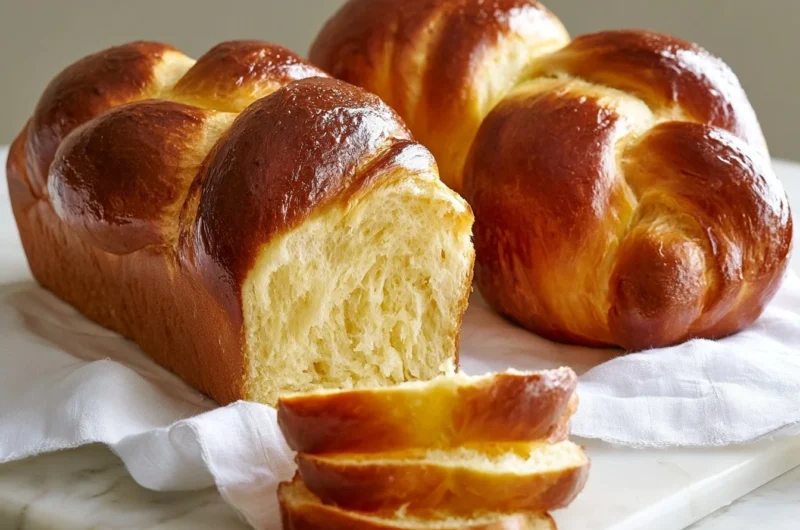 Freshly baked buttery French brioche loaf on a wooden surface