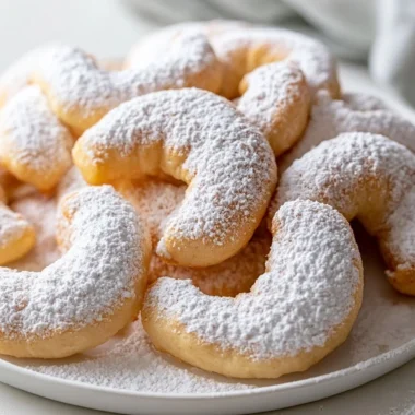 Buttery vanilla crescent cookies on a plate with powdered sugar