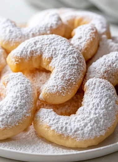 Buttery vanilla crescent cookies on a plate with powdered sugar