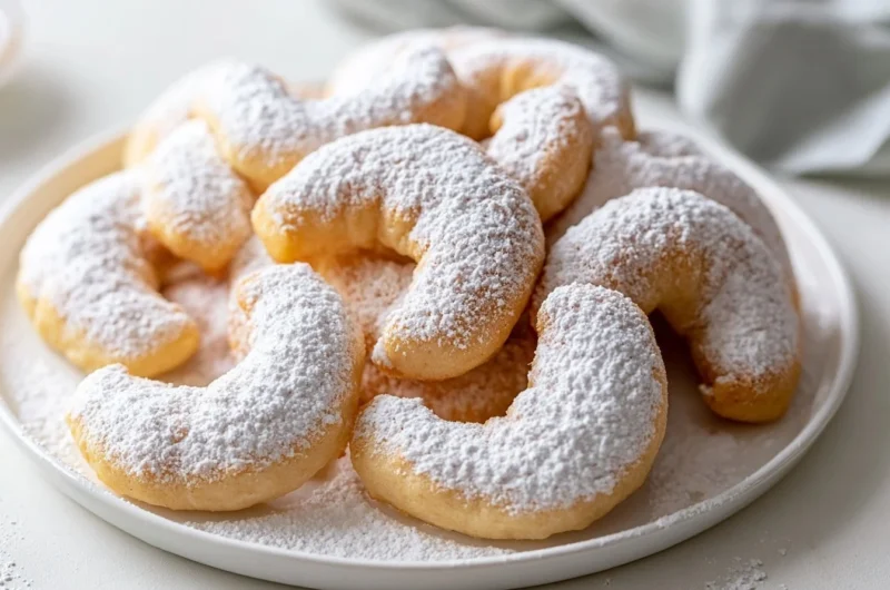 Buttery vanilla crescent cookies on a plate with powdered sugar