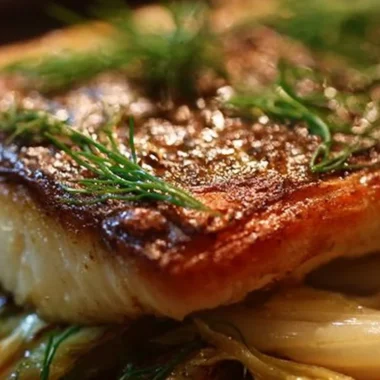 Citrus-glazed sea bass fillet served with fennel garnish on a plate