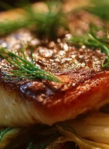 Citrus-glazed sea bass fillet served with fennel garnish on a plate