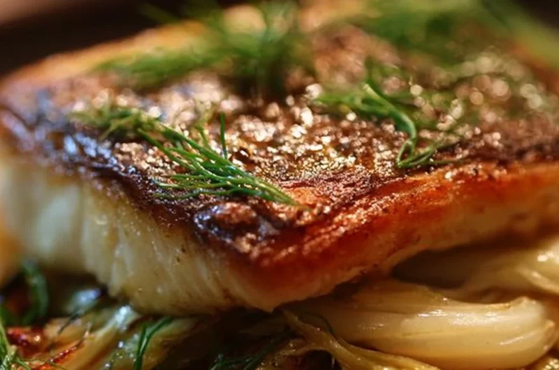 Citrus-glazed sea bass fillet served with fennel garnish on a plate