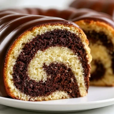 Classic German marble cake topped with a rich chocolate glaze