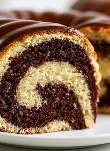 Classic German marble cake topped with a rich chocolate glaze