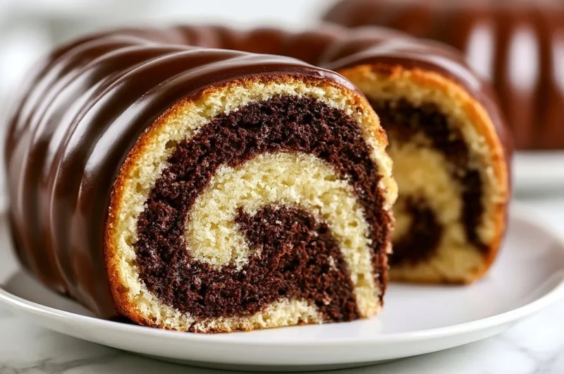 Classic German marble cake topped with a rich chocolate glaze