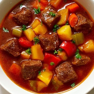 A steaming bowl of cozy German beef goulash served with fresh bread.