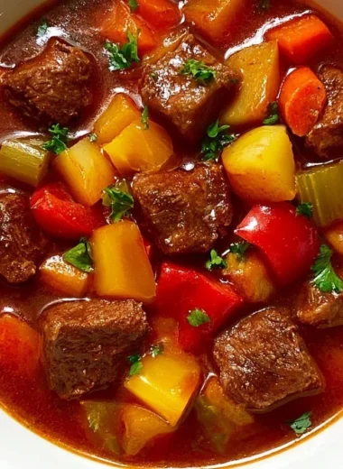 A steaming bowl of cozy German beef goulash served with fresh bread.