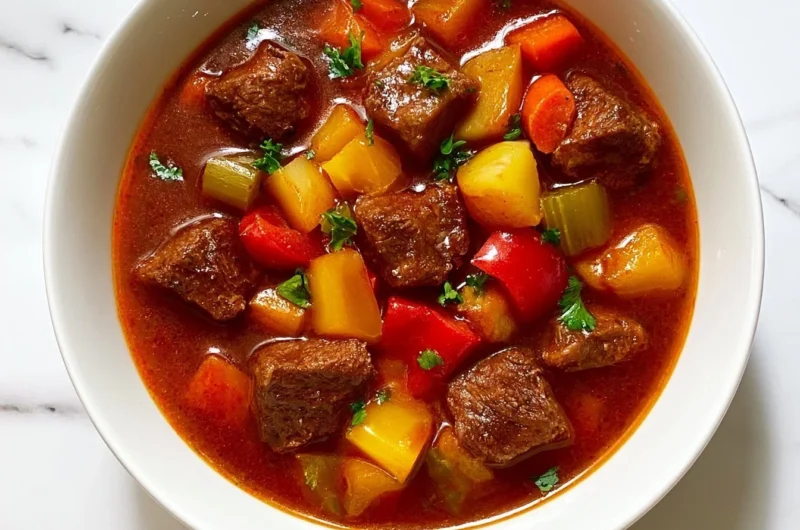 A steaming bowl of cozy German beef goulash served with fresh bread.