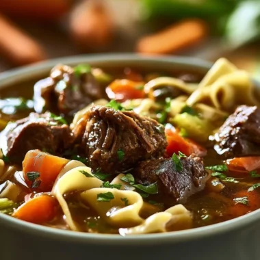 Cozy bowl of German beef noodle soup with fresh herbs and noodles.