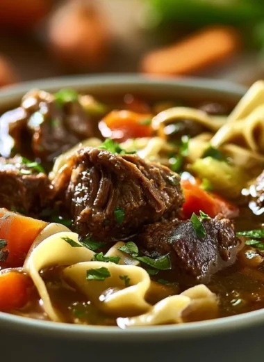 Cozy bowl of German beef noodle soup with fresh herbs and noodles.