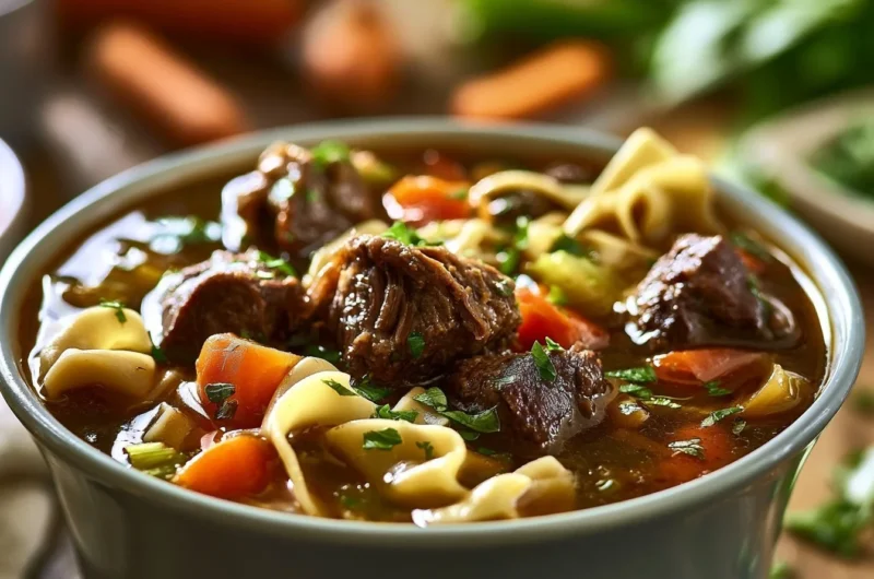 Cozy bowl of German beef noodle soup with fresh herbs and noodles.