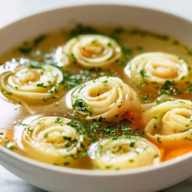 Delicious bowl of cozy German Pancake Soup with fresh herbs and vegetables