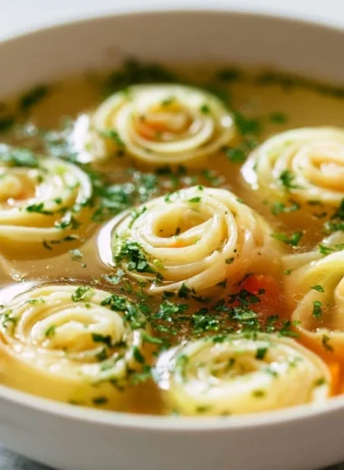 Delicious bowl of cozy German Pancake Soup with fresh herbs and vegetables