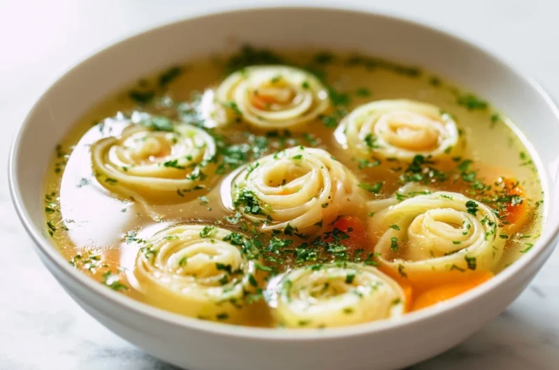 Delicious bowl of cozy German Pancake Soup with fresh herbs and vegetables