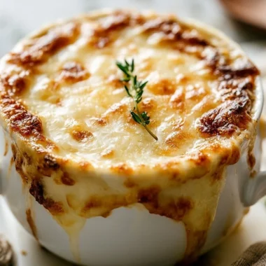 Cozy onion soup topped with croutons in a rustic bowl