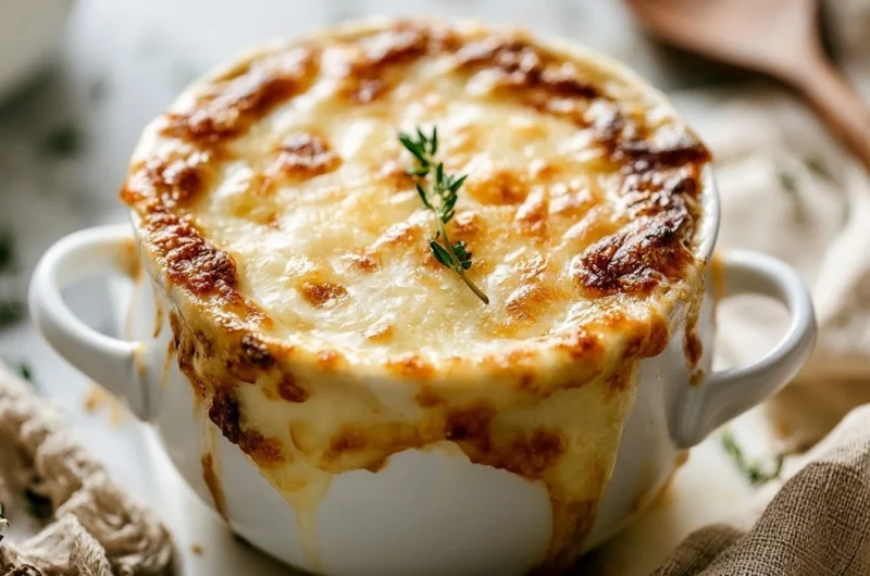 Cozy onion soup topped with croutons in a rustic bowl