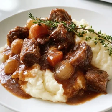 Cozy Provencal beef daube stew garnished with herbs and vegetables
