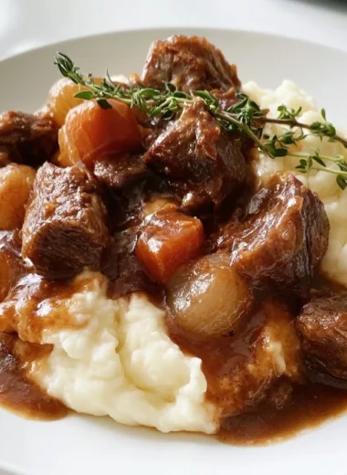 Cozy Provencal beef daube stew garnished with herbs and vegetables