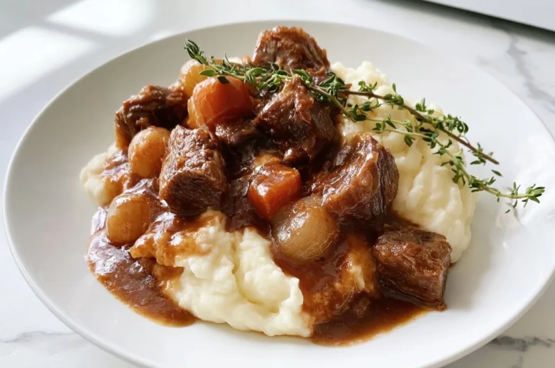 Cozy Provencal beef daube stew garnished with herbs and vegetables