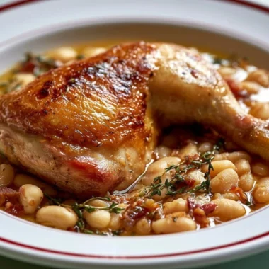 Traditional French Cassoulet stew with beans and meats in a rustic dish