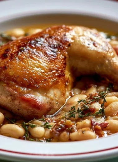 Traditional French Cassoulet stew with beans and meats in a rustic dish