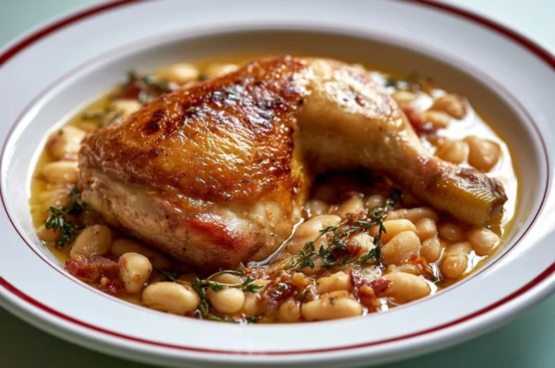 Traditional French Cassoulet stew with beans and meats in a rustic dish