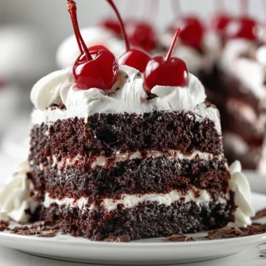 Creamy Black Forest Cake topped with juicy cherries and chocolate shavings