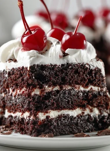 Creamy Black Forest Cake topped with juicy cherries and chocolate shavings