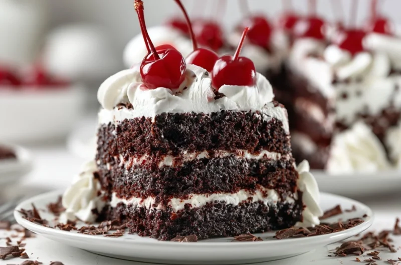 Creamy Black Forest Cake topped with juicy cherries and chocolate shavings