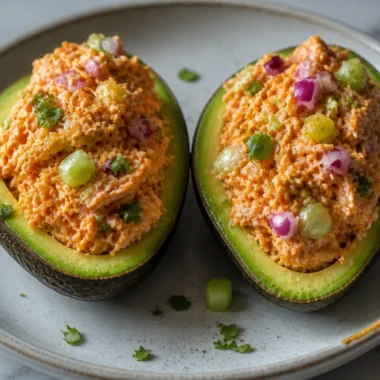 Creamy buffalo chicken stuffed in avocados, a healthy and delicious recipe