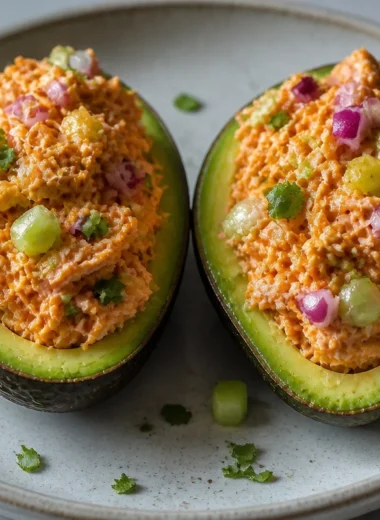 Creamy buffalo chicken stuffed in avocados, a healthy and delicious recipe