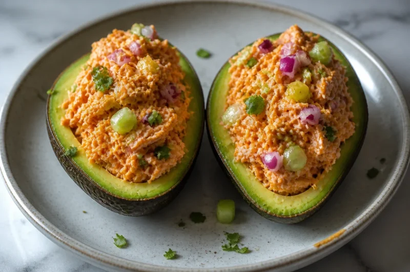 Creamy buffalo chicken stuffed in avocados, a healthy and delicious recipe