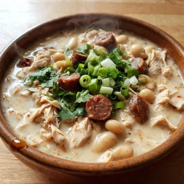 Bowl of creamy Cajun white chicken chili topped with green onions and spices