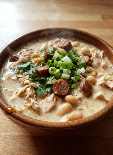 Bowl of creamy Cajun white chicken chili topped with green onions and spices