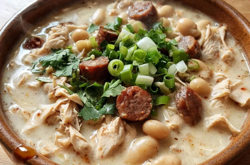 Bowl of creamy Cajun white chicken chili topped with green onions and spices