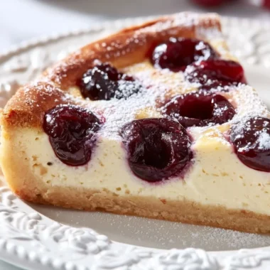 Creamy cherry clafoutis served in a dish, perfect for brunch