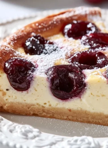 Creamy cherry clafoutis served in a dish, perfect for brunch