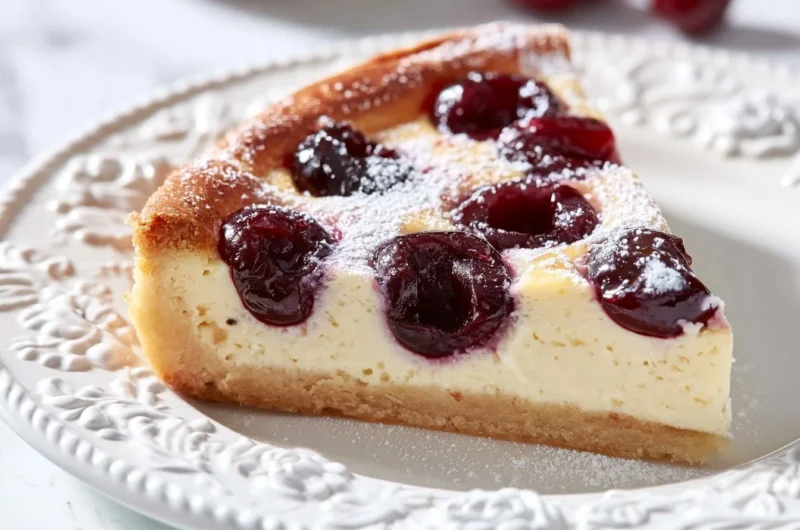 Creamy cherry clafoutis served in a dish, perfect for brunch