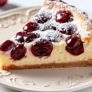 Creamy cherry clafoutis fresh out of the oven, topped with powdered sugar.