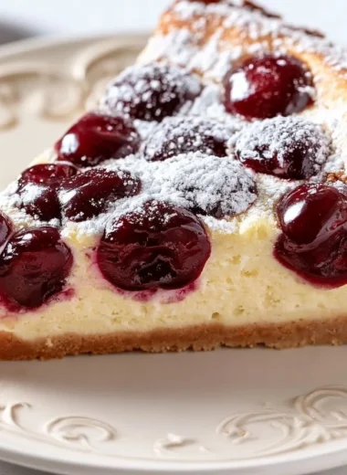 Creamy cherry clafoutis fresh out of the oven, topped with powdered sugar.