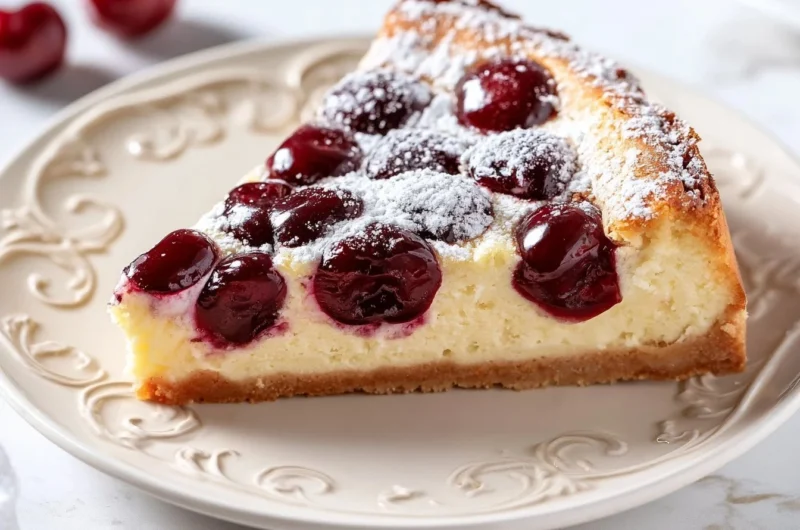 Creamy cherry clafoutis fresh out of the oven, topped with powdered sugar.
