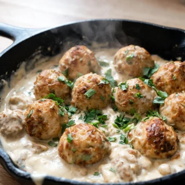 Creamy chicken meatballs in a savory sauce served on a plate.