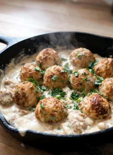 Creamy chicken meatballs in a savory sauce served on a plate.